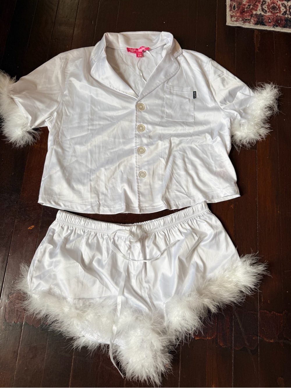 Dolls Kill Clueless White Feather Trim Satin PJ Set - Picture 1 of 5